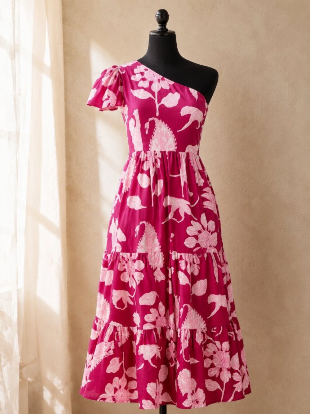 Oliphant Lamu One Shoulder Cotton Poplin Maxi Dress Magenta Pink Pockets M